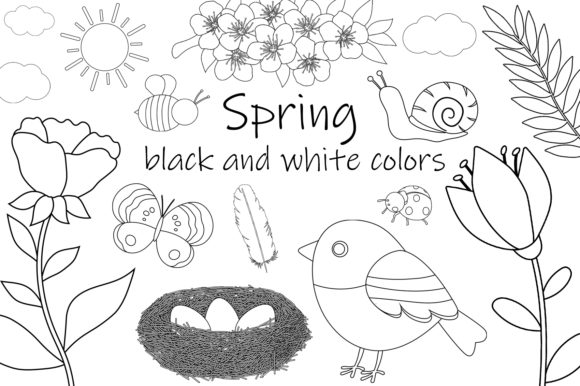 Spring Flowers Black and White Coloring Graphics for Illustrations