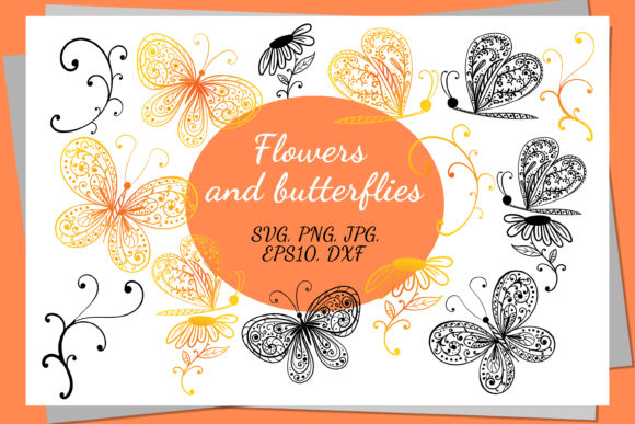 Zentangle Flowers and Butterflies. SVG. Graphics for Illustrations